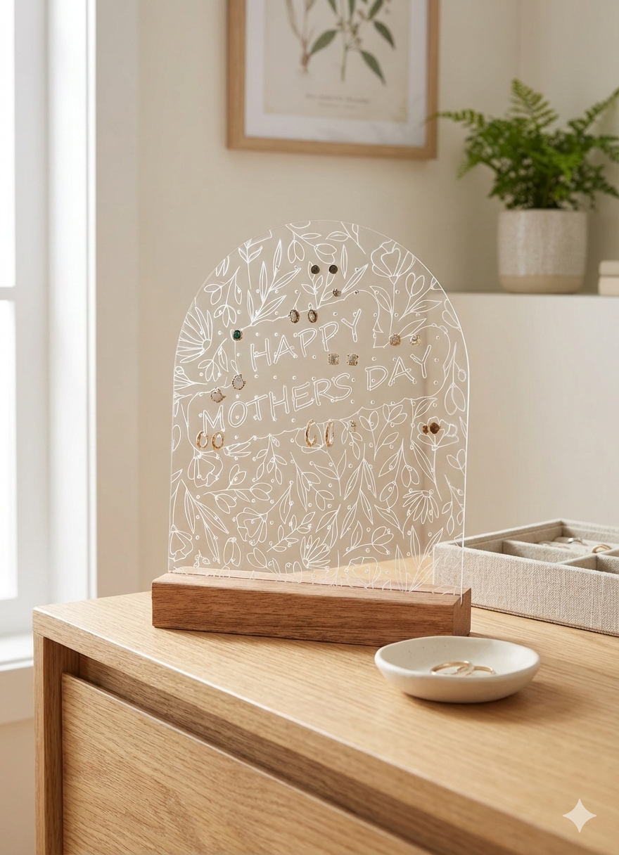 Clear acrylic jewellery holder with wooden base displayed on dresser