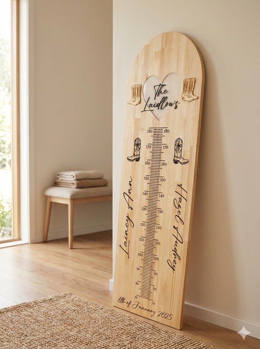 Personalised wooden height chart leaning against wall in modern home
