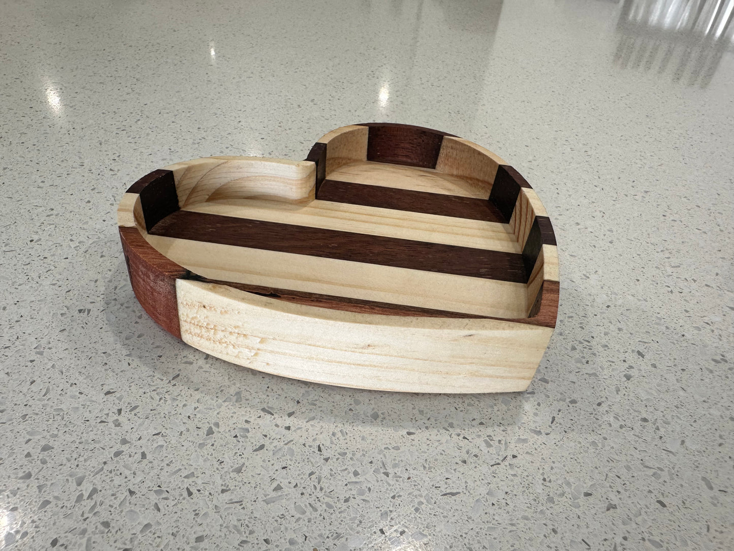 Heart shaped reclaimed wood jewellery tray showing mixed timber colours