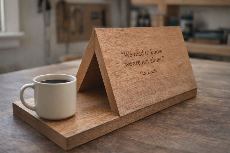 Solid timber book tent with engraved quote, holding an open book and featuring a coffee cup rest, styled on a wooden desk in a reading nook.
