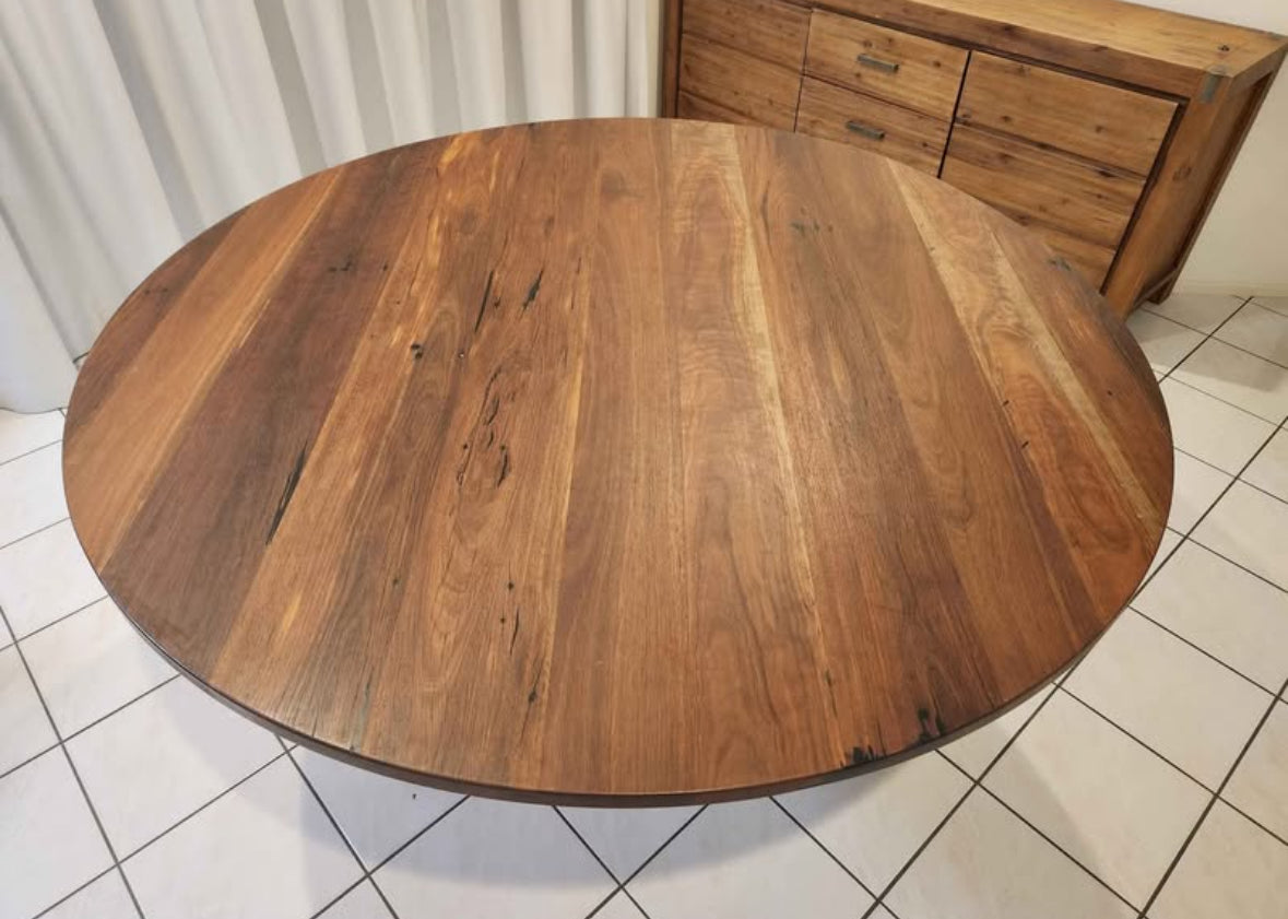 150cm round Spotted Gum dining table showing natural timber grain and finish