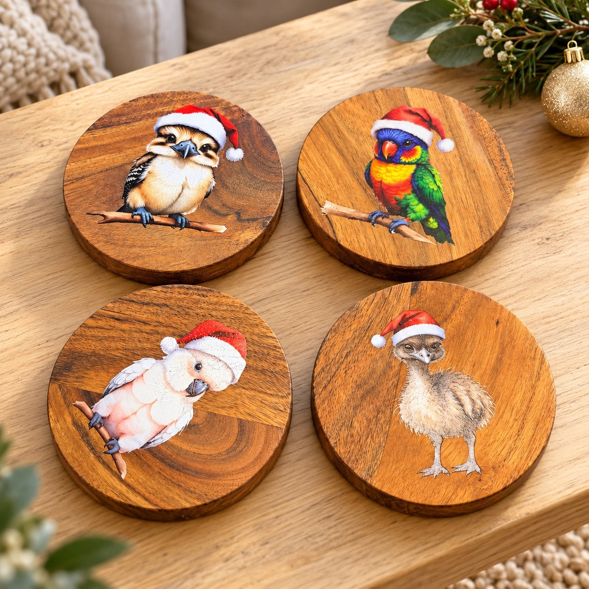 Four wooden coasters with festive Australian bird designs displayed on a timber table beside Christmas decorations.