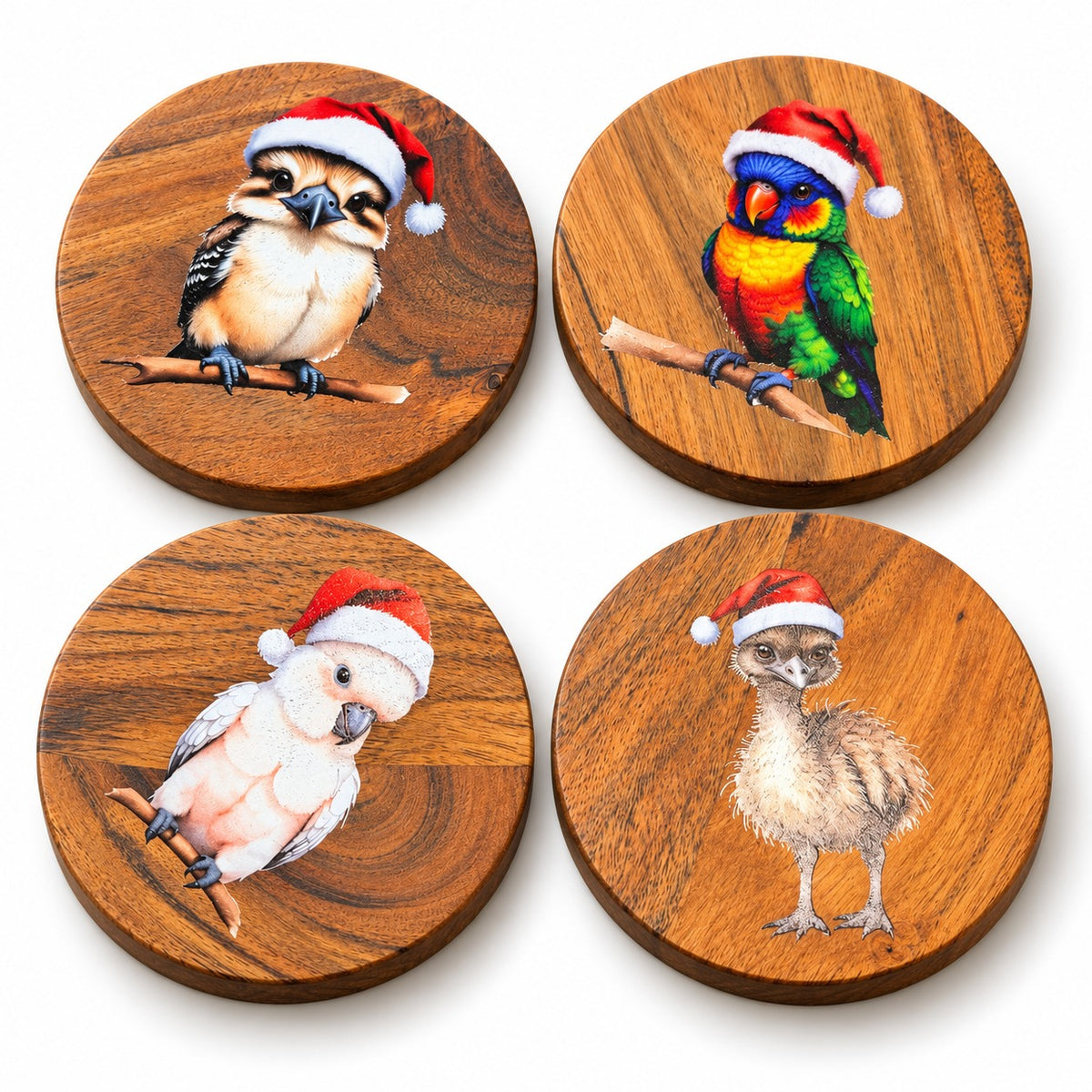 Set of four wooden Australian Christmas coasters featuring a kookaburra, rainbow lorikeet, galah and emu wearing Santa hats on a white background.