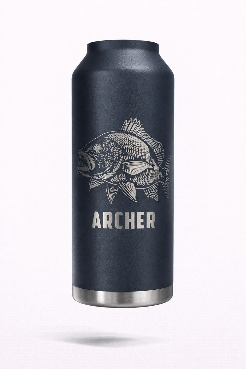 Matte black insulated bottle engraved with a fish illustration and the name Archer.