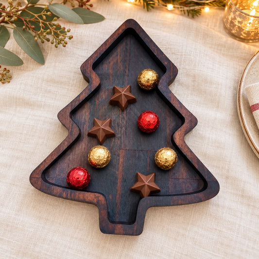 Wooden Christmas tree treat tray holding chocolates on a festive table.