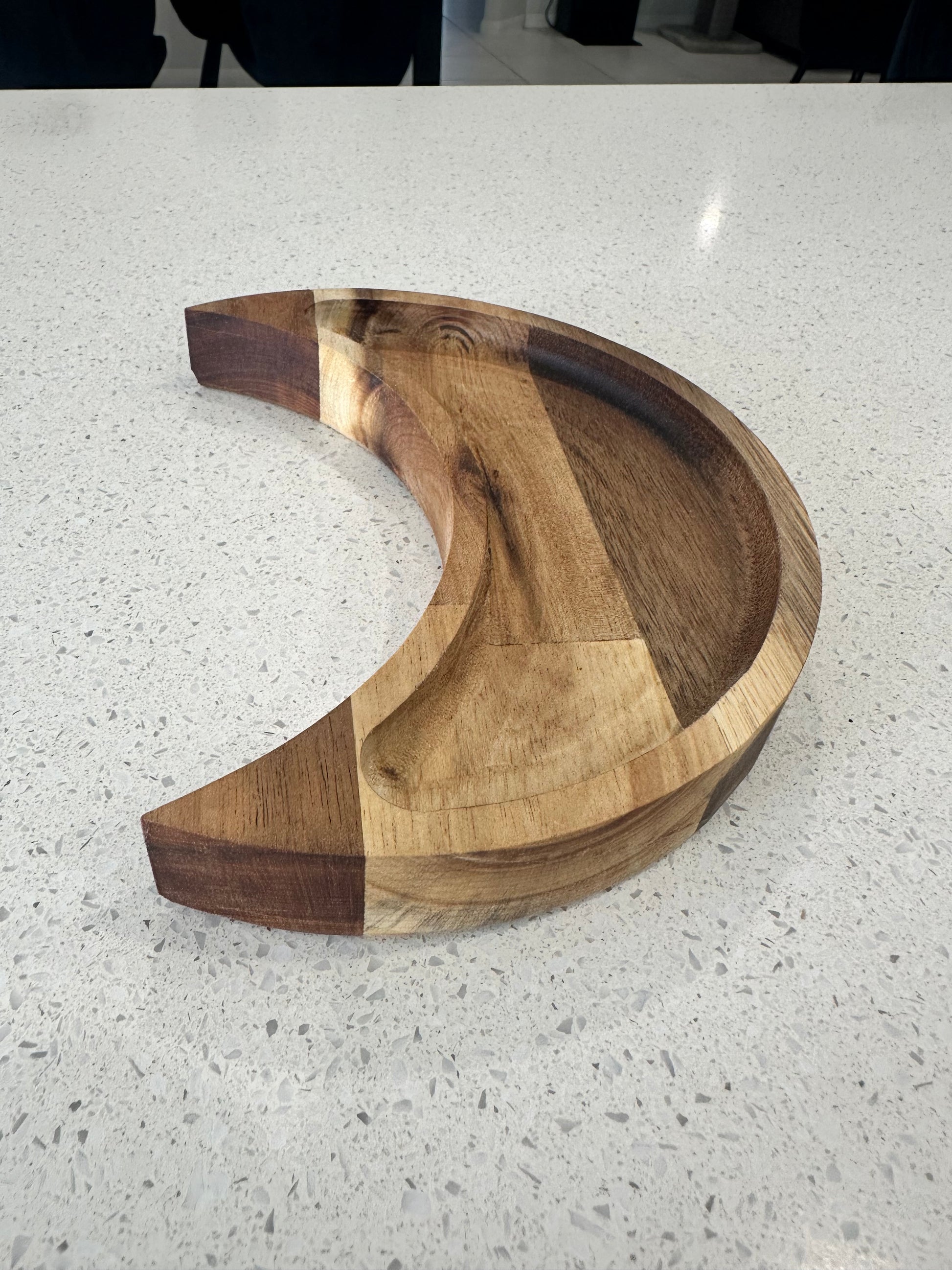 Crescent moon Acacia wood jewellery tray showing curved design