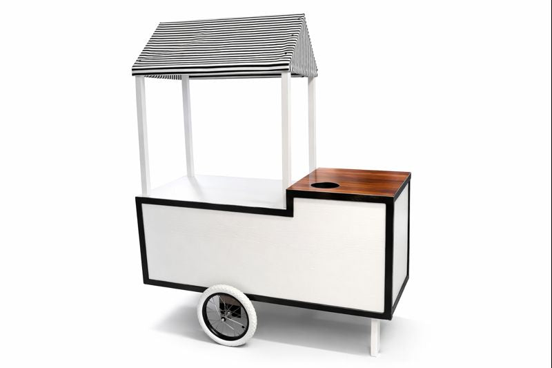 Handcrafted wooden mobile kiosk with canopy and shelves, suitable for markets or events.