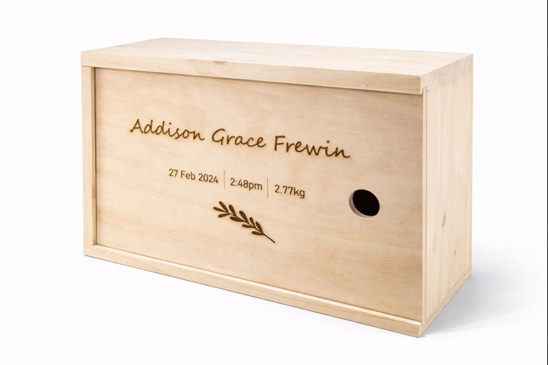 Keepsake box personalised laser engraved with name and date. Baby born. 