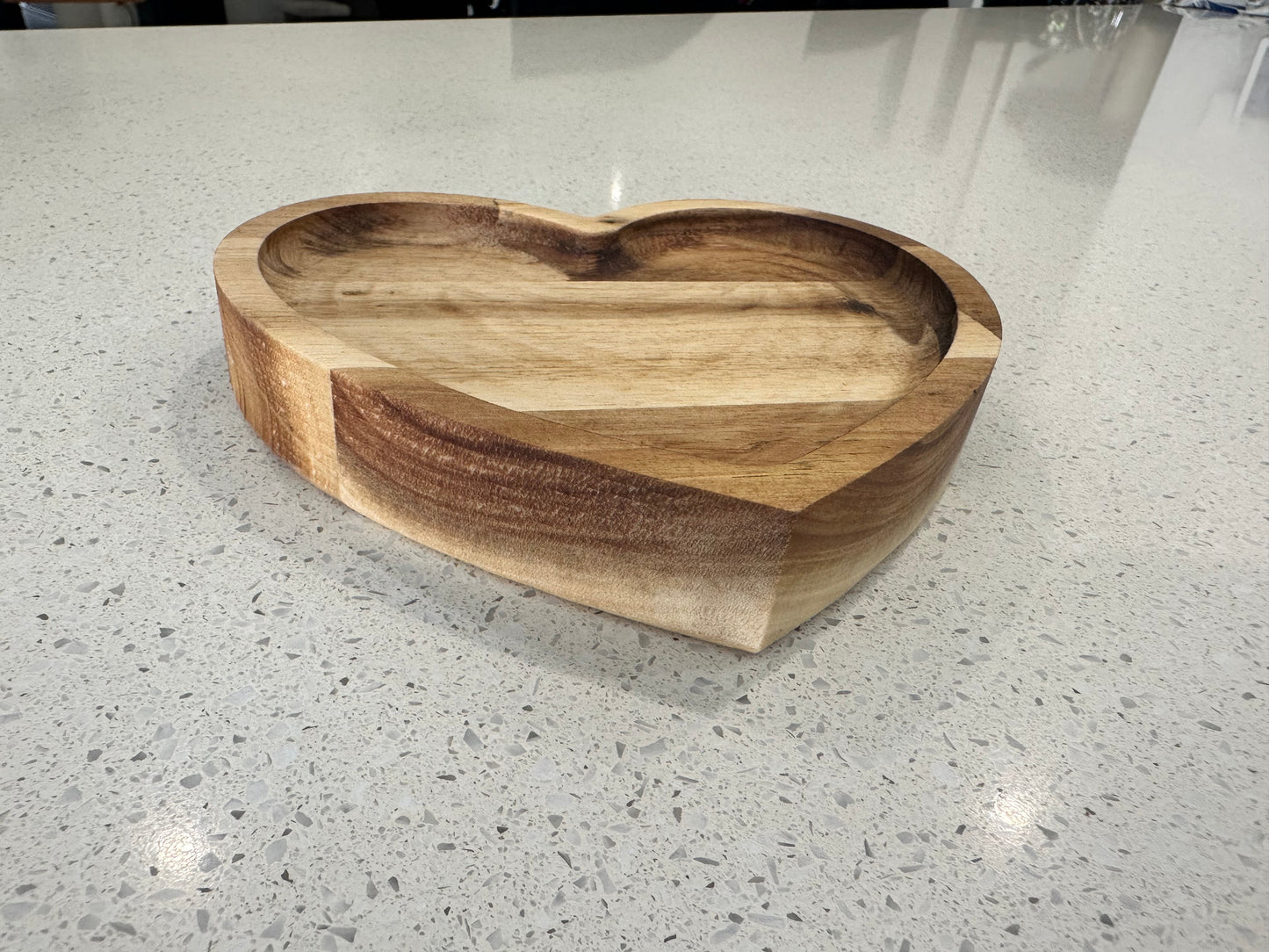 Handmade heart shaped Acacia wood jewellery tray top view