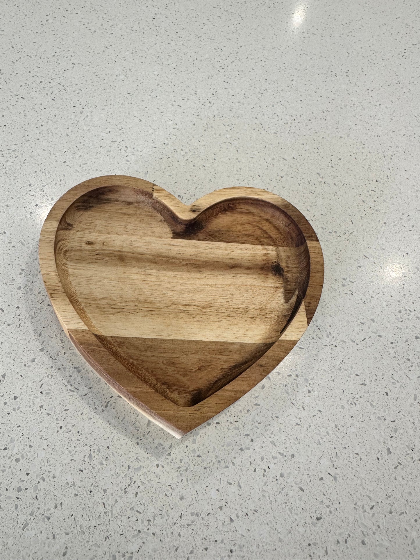 Heart shaped wooden jewellery tray handmade from Acacia wood