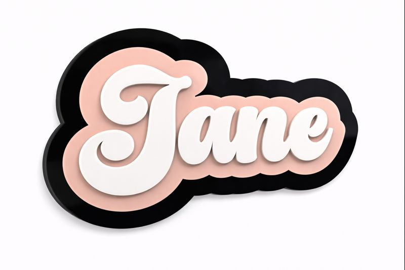 Custom layered name sign with “Jane” in white script on a pink background with a black border.
