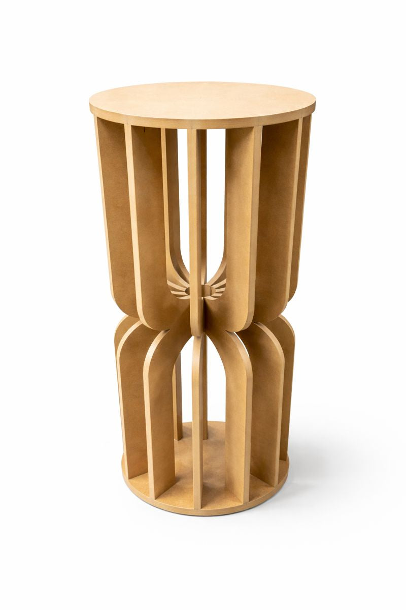 CNC‑cut layered plywood side table or stool with petal‑shaped legs.