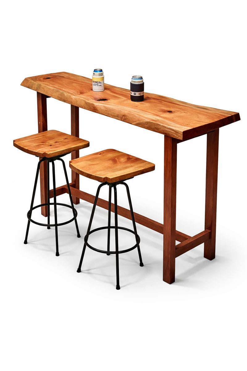 Live‑edge wooden bar table with integrated stools and cup holders.
