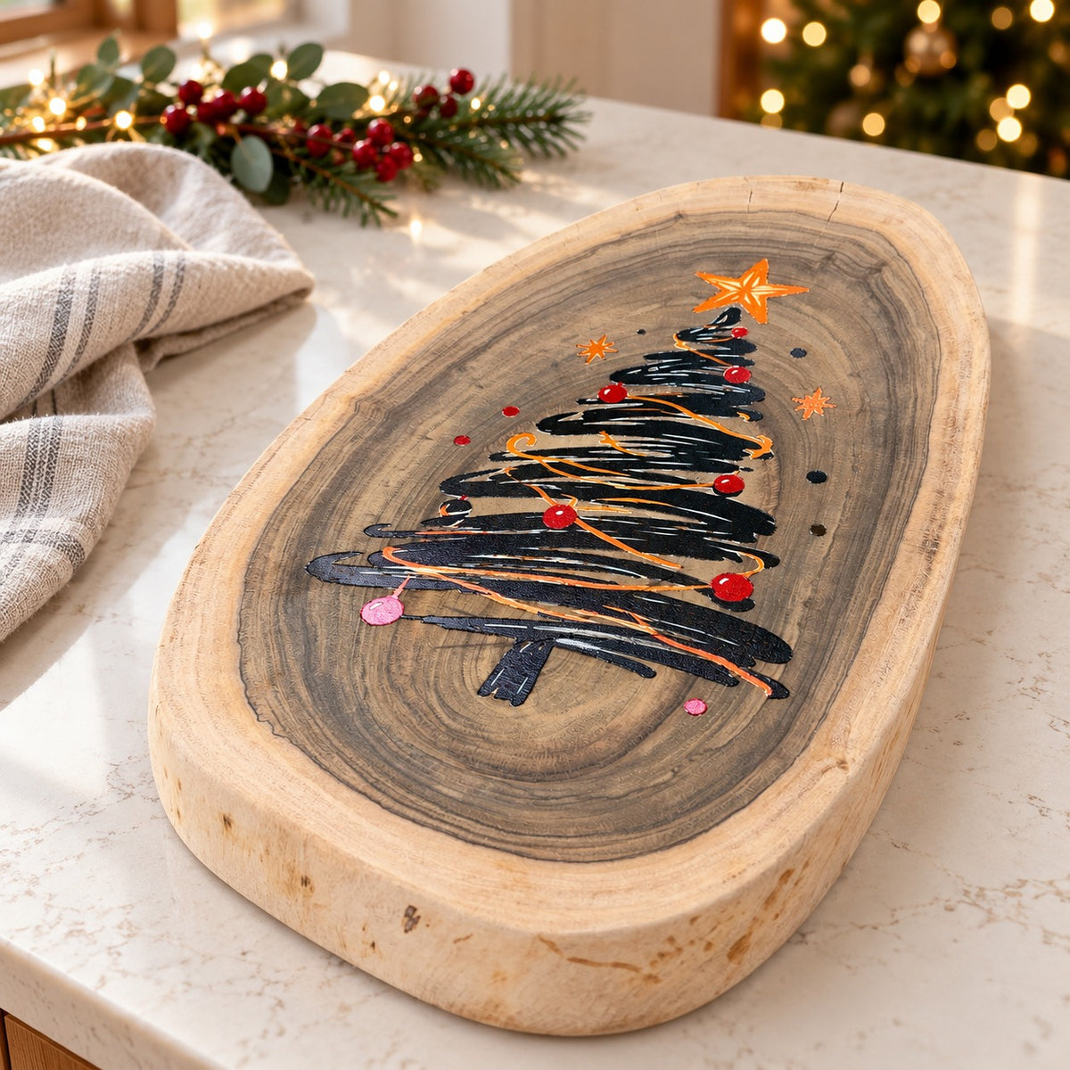 Live edge Raintree Christmas serving platter displayed on a stone bench beside festive greenery and Christmas lights.