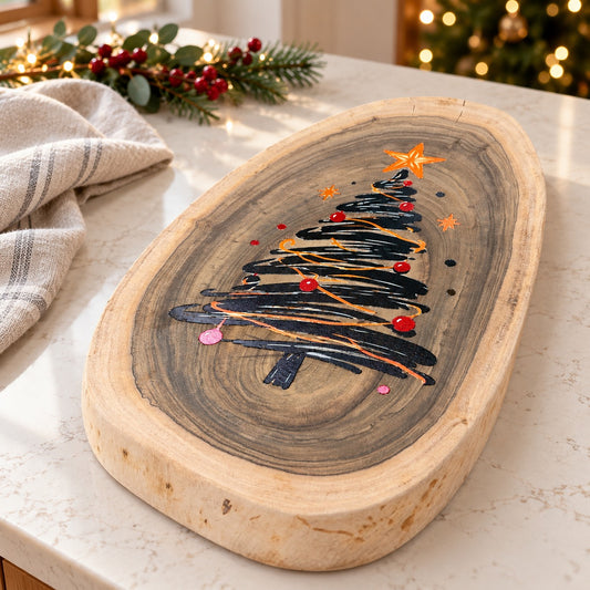 Live edge Raintree Christmas serving platter displayed on a stone bench beside festive greenery and Christmas lights.