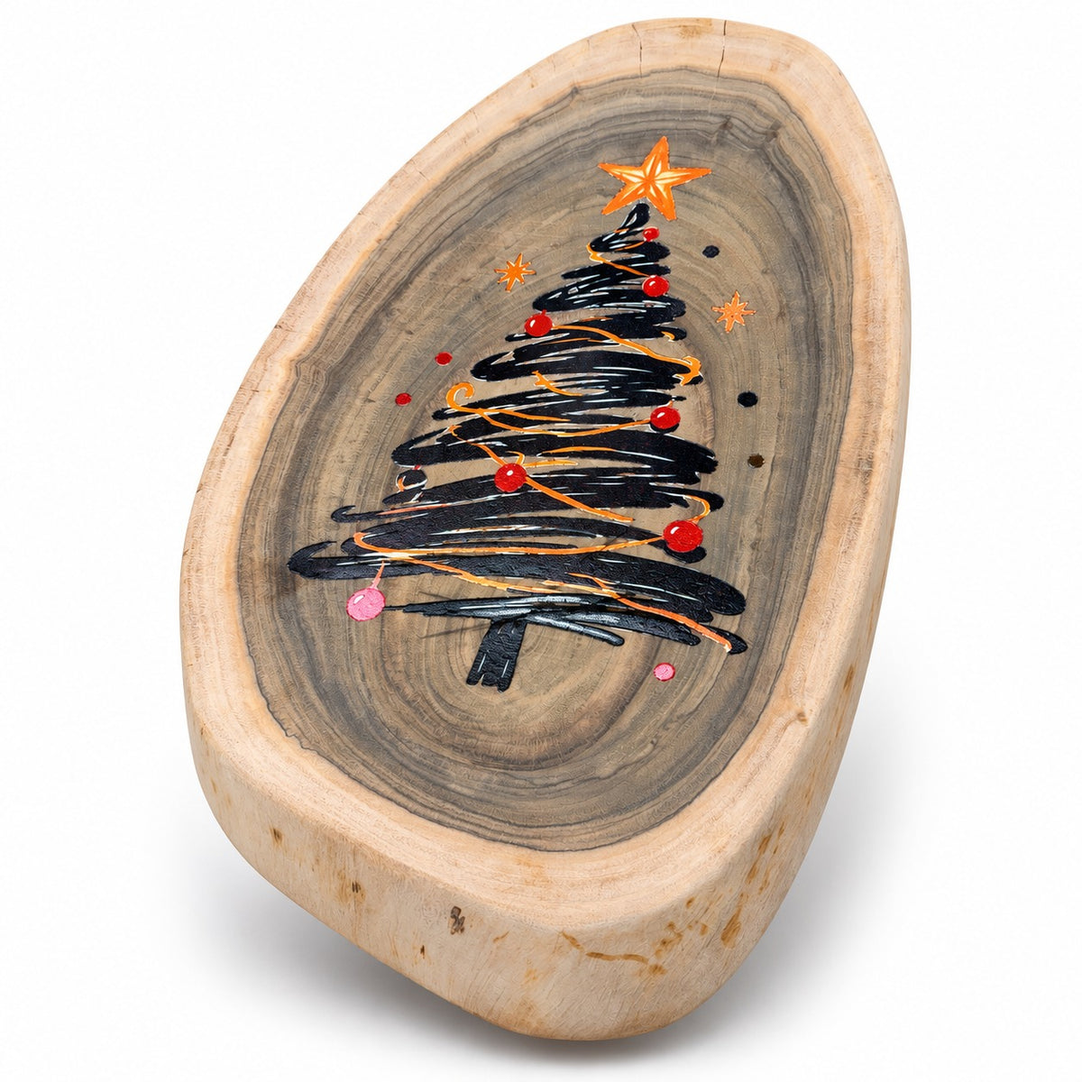 Live edge Raintree Christmas serving platter with visible growth rings and a UV printed Christmas tree on a white background.