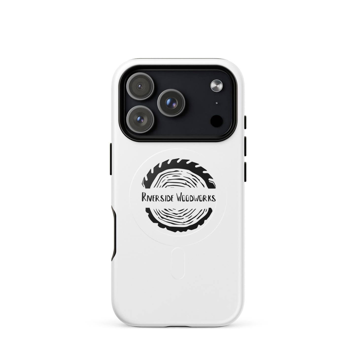 MagSafe compatible tough iPhone case with Riverside Woodworks branding