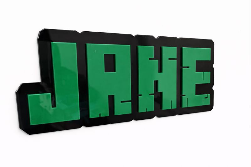 Green blocky name sign reading “Jane” in a Minecraft‑style font with a black border.
