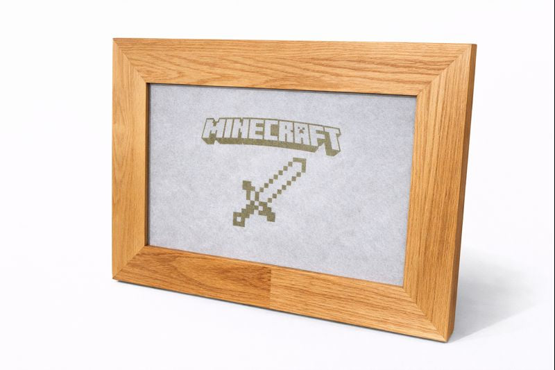 Custom wooden sign featuring the Minecraft logo and a pixelated sword.
