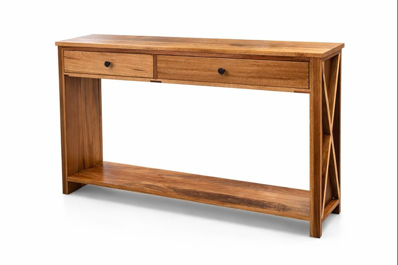 Narrow wooden console table with X‑frame side panels and two drawers.