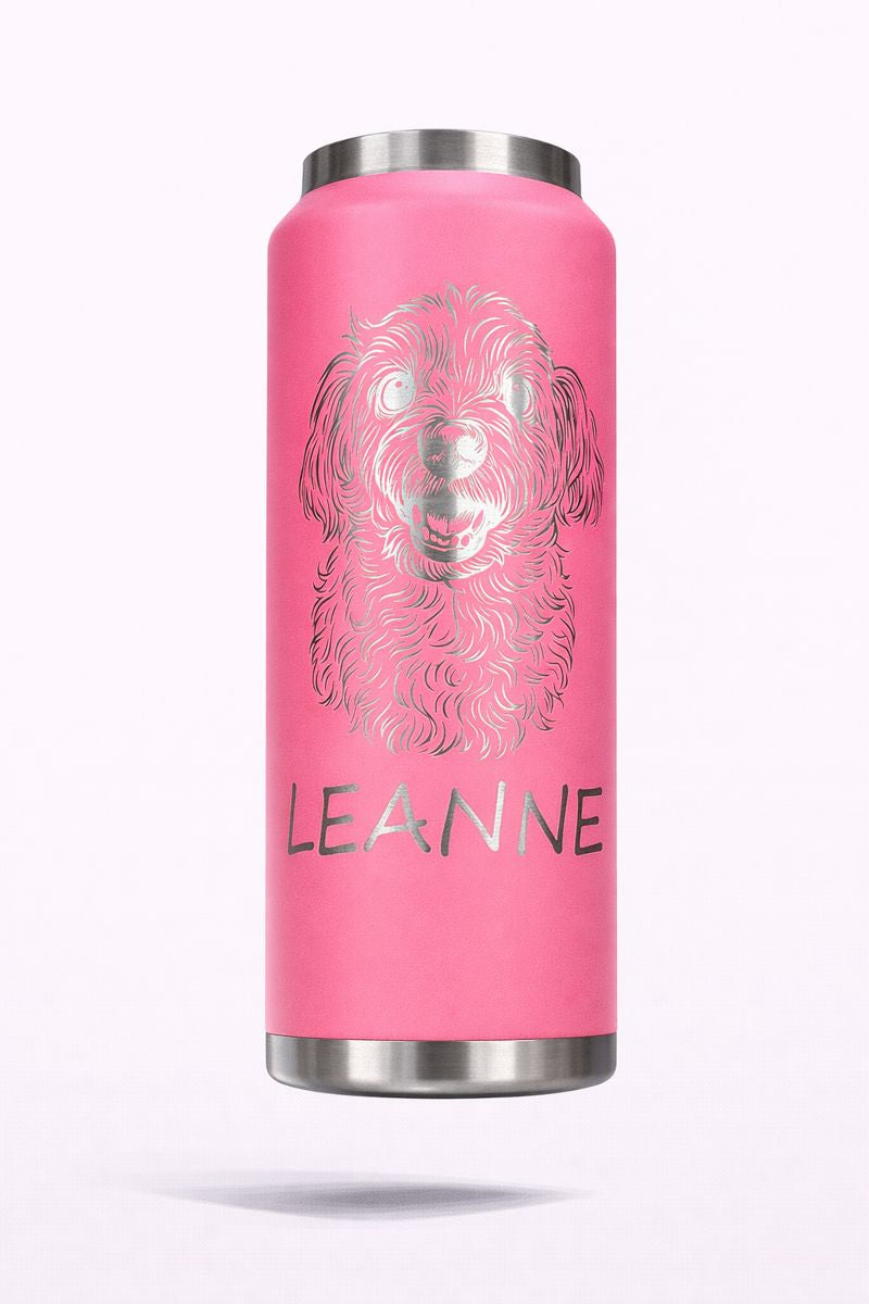 Hot pink can cooler engraved with a shaggy dog portrait and the name Leanne.