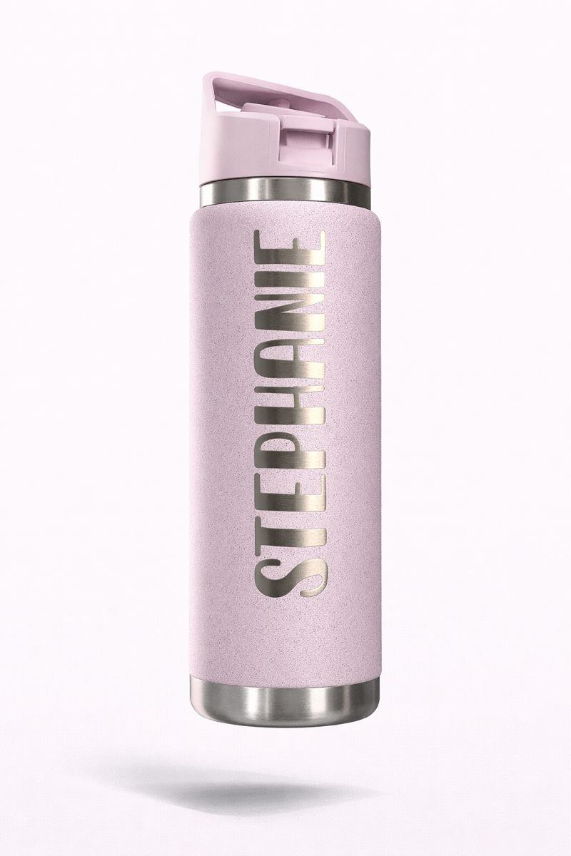 Cherry Blossom colour Pastel pink water bottle engraved vertically with the name Stephanie.