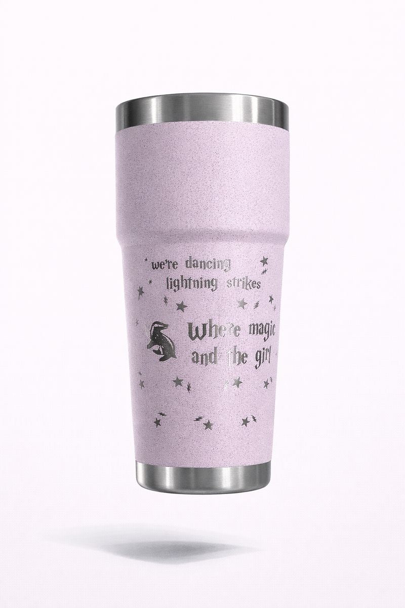 Cherry Blossom Yeti Pastel purple insulated tumbler engraved with a unicorn graphic and whimsical quote.