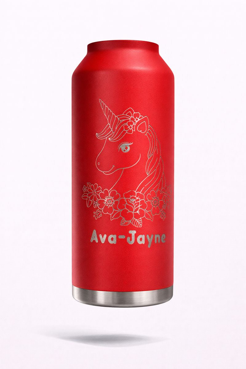 Red insulated can cooler engraved with a unicorn, flowers and the name Ava‑Jayne.