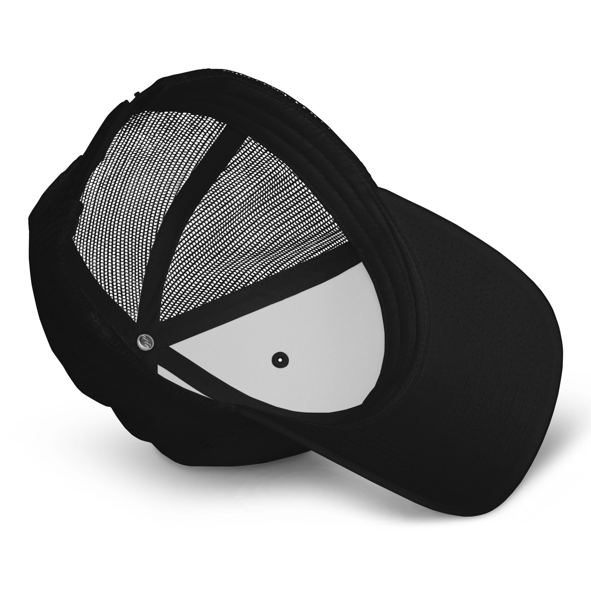 Black trucker cap with mesh back and adjustable snapback closure