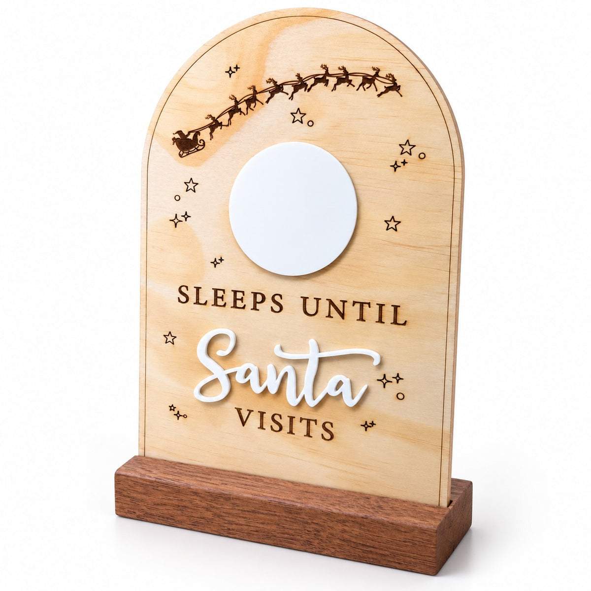 Santa Countdown Display showing the plywood arch, sleigh design and hardwood base against white.