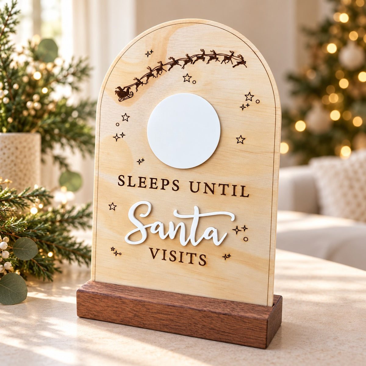 Santa Countdown Display with hardwood base and white acrylic centre in a festive setting.