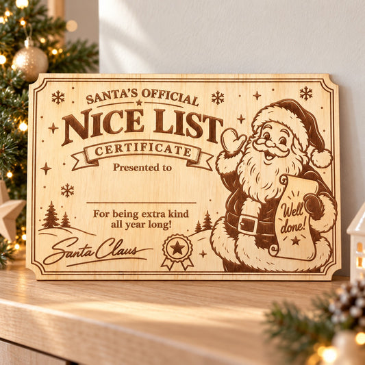Wooden Santa Nice List Certificate displayed beside a decorated Christmas tree.