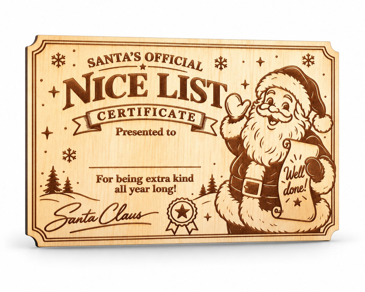 Wooden Santa Nice List Certificate with laser engraved Santa and a blank name line on a white background.