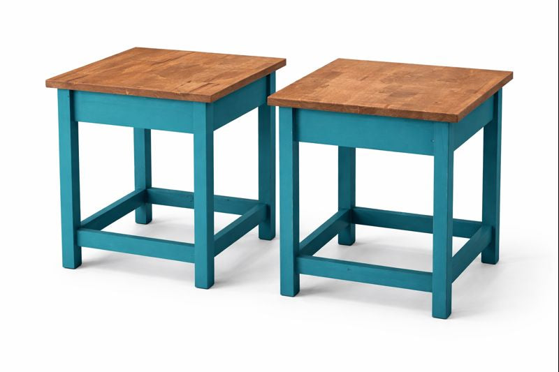 Pair of teal painted wooden stools with natural timber seats.