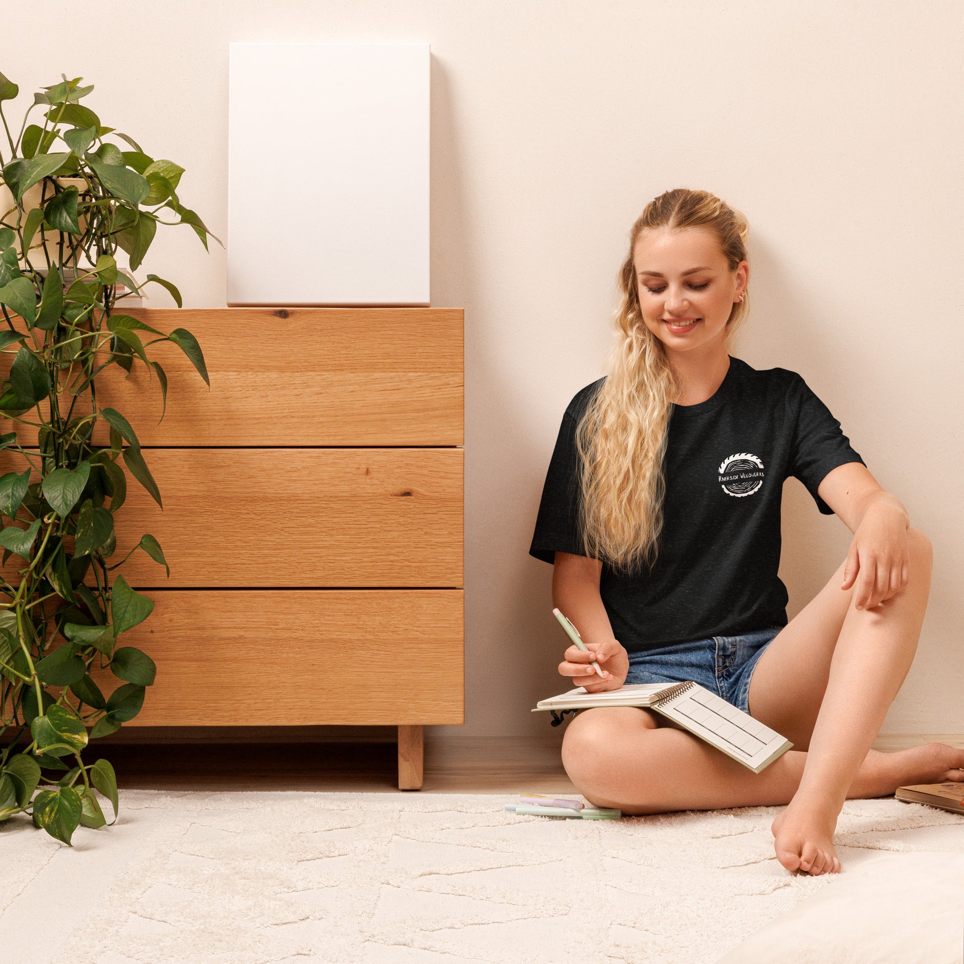 Riverside Woodworks branded t-shirt worn casually