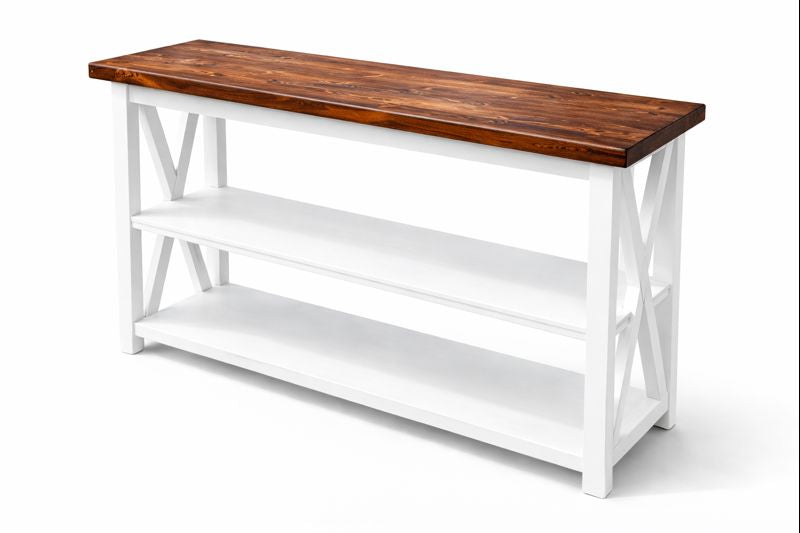 White console table with dark wood top and X‑frame sides.
