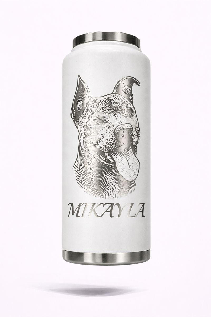 White insulated bottle engraved with a realistic dog portrait and the name Mikayla.