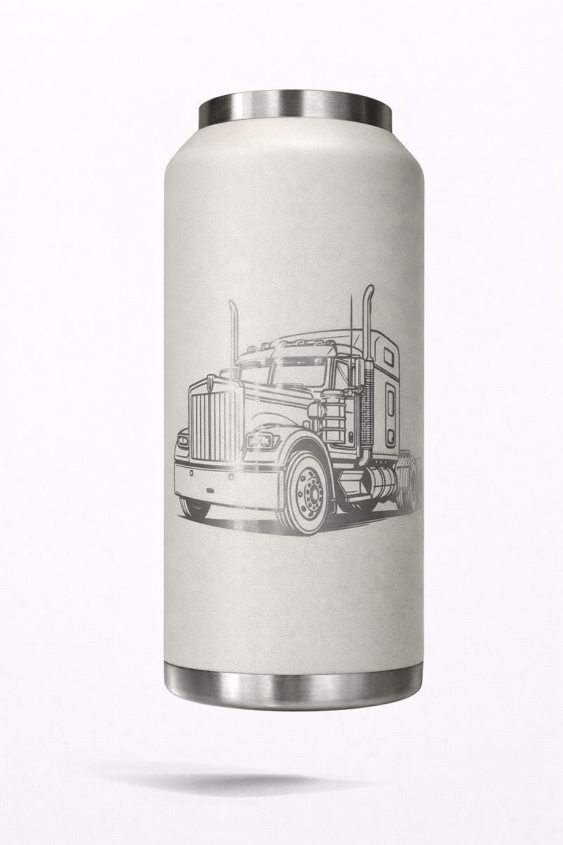 White yeti with a truck design laser engraved onto it. 