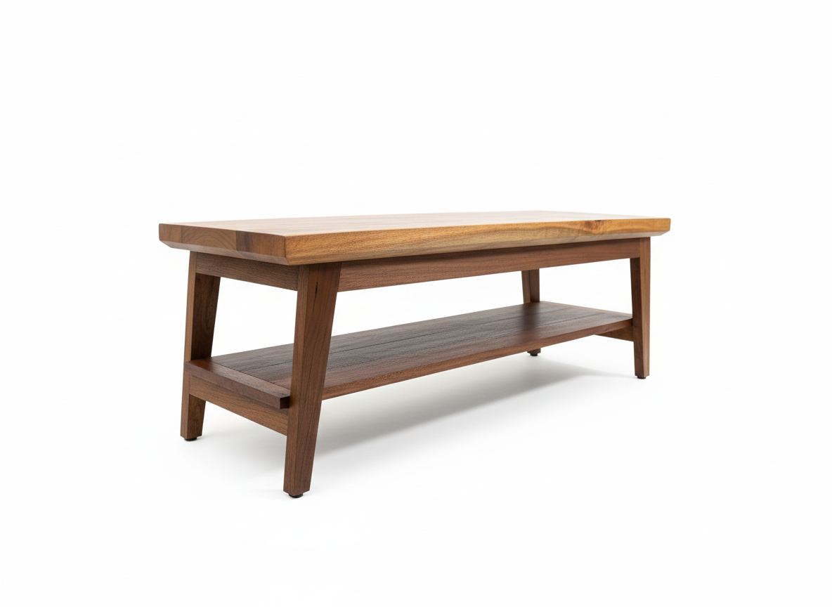 Custom wooden bench or coffee table featuring a lower shelf.