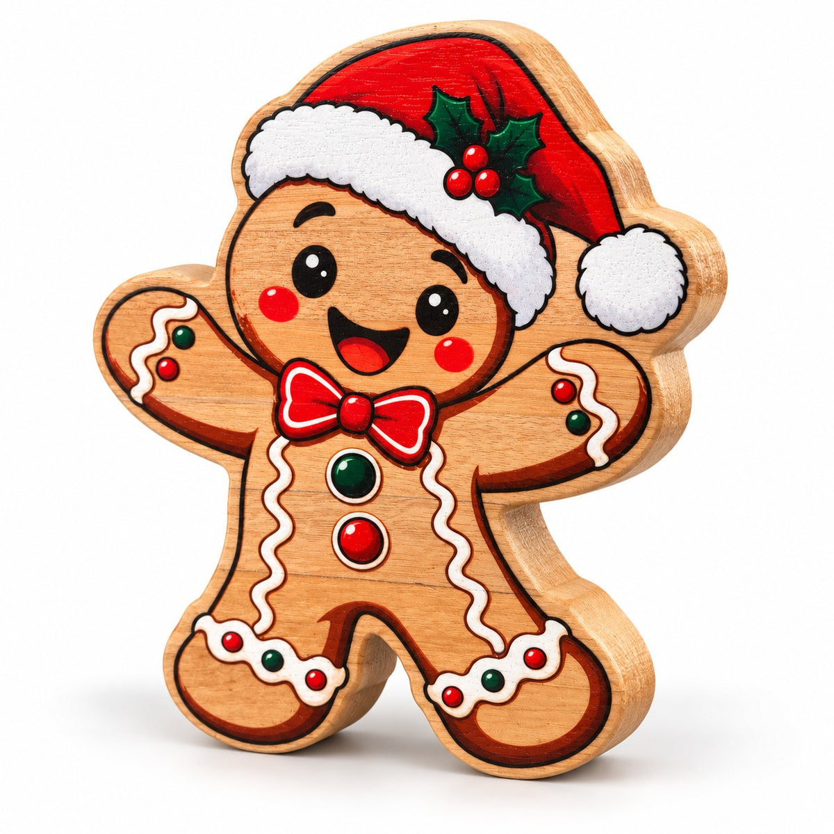 Wooden gingerbread man Christmas decoration with a red Santa hat, bow tie and colourful icing design on a white background.