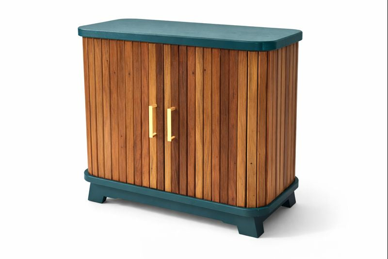 Wooden slat cabinet with teal frame and brass handles.
